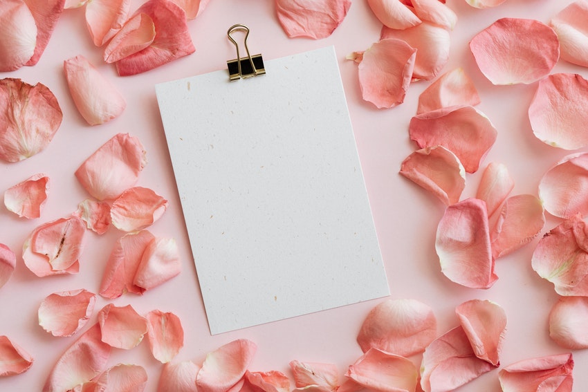 feuille epinglee sur tablette entouree de petales de roses