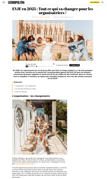 Capture d’écran de l’article Cosmopolitan 2025 sur My EVJF, l’agence qui transforme les EVJF pour les organisatrices modernes.