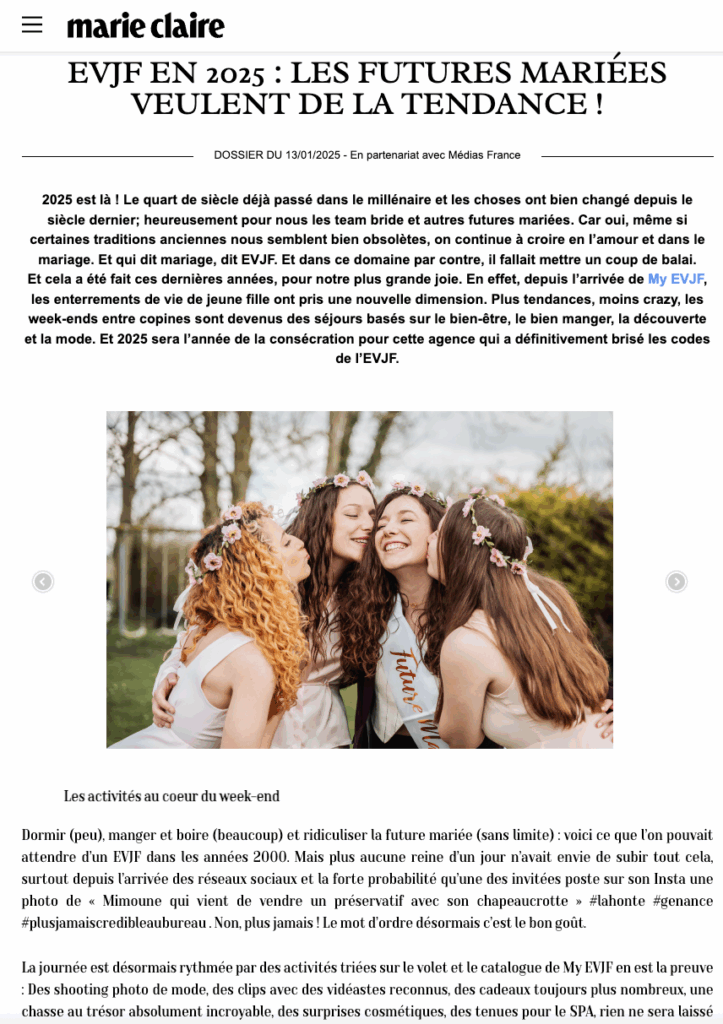 Capture d’écran de l’article Marie Claire 2025 sur My EVJF, une agence qui révolutionne les enterrements de vie de jeune fille.