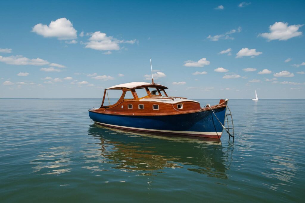 Bateau en bois de style pinasse flottant paisiblement sur le Bassin d’Arcachon, sous un ciel dégagé avec quelques nuages.