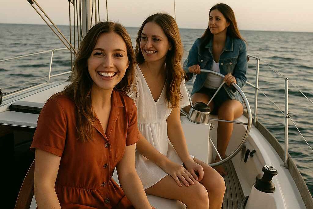 Trois femmes souriantes à bord d’un voilier en mer, lors d’une balade au large de Deauville au coucher du soleil