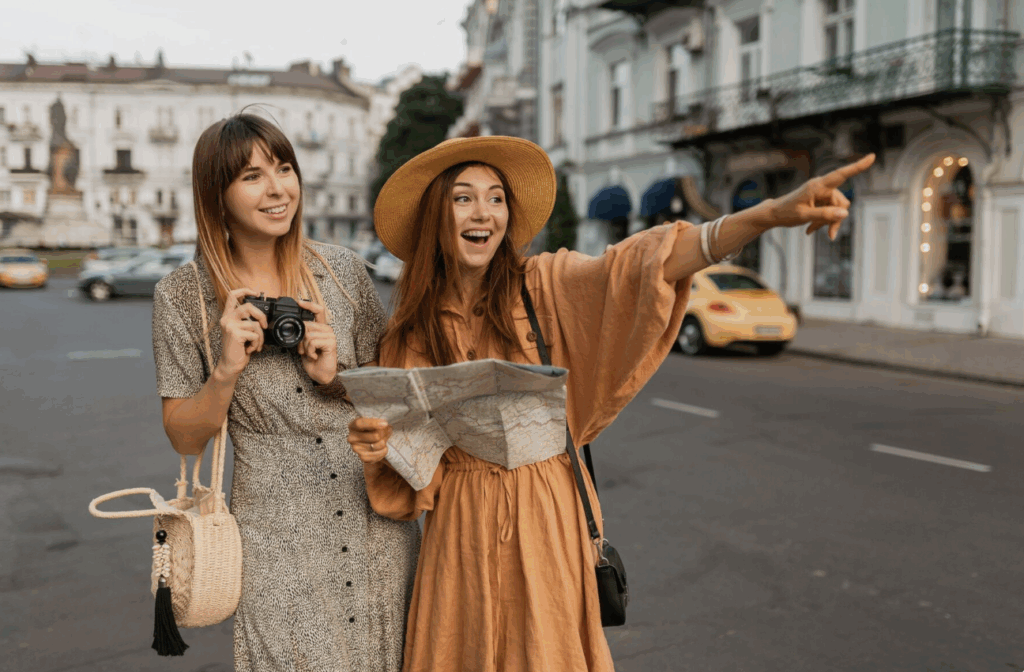 Des jeunes femmes concentrées autour d’une carte papier dans les rues de Toulouse, en pleine recherche d’un indice lors d’une chasse au trésor EVJF.