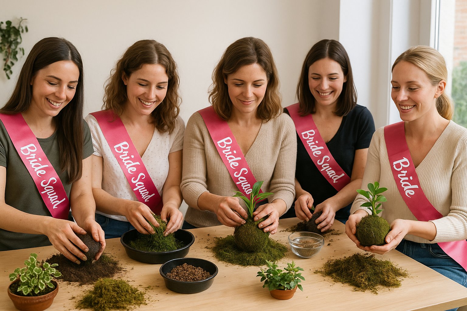 Cinq femmes portant des écharpes "Bride Squad" créent des kokedamas lors d’un atelier EVJF à Rennes, dans une ambiance joyeuse et naturelle.