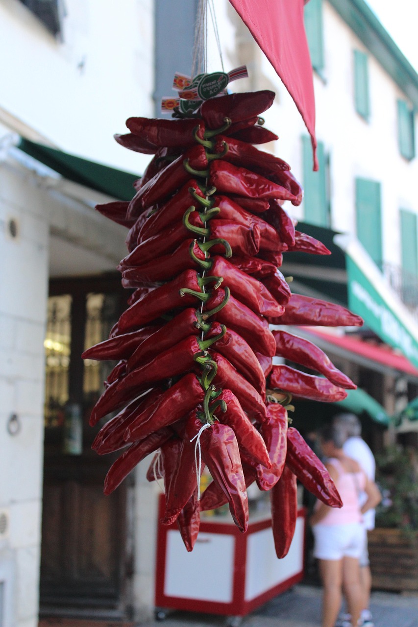 alt="Guirlande de piments d’Espelette suspendue dans une rue typique du Pays basque"
