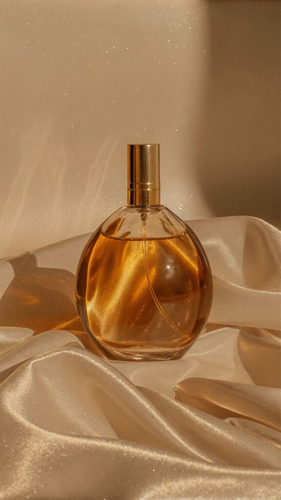 Parfum doré en flacon sur tissu soyeux – souvenir d’un EVJF à Biarritz