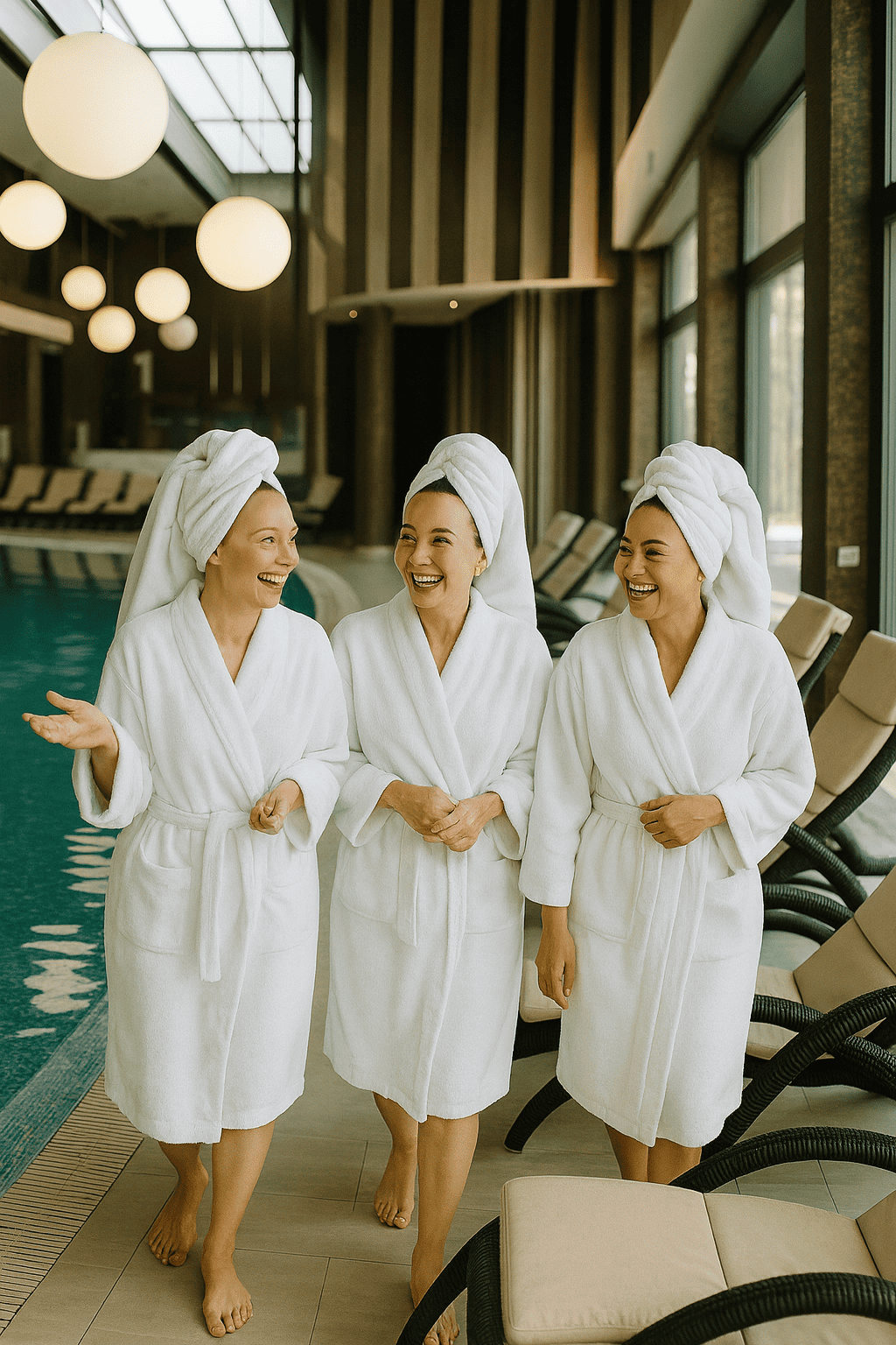 Groupe de filles en peignoir près de la piscine lors d’un EVJF dans un spa à Bruxelles, moment de détente et de complicité