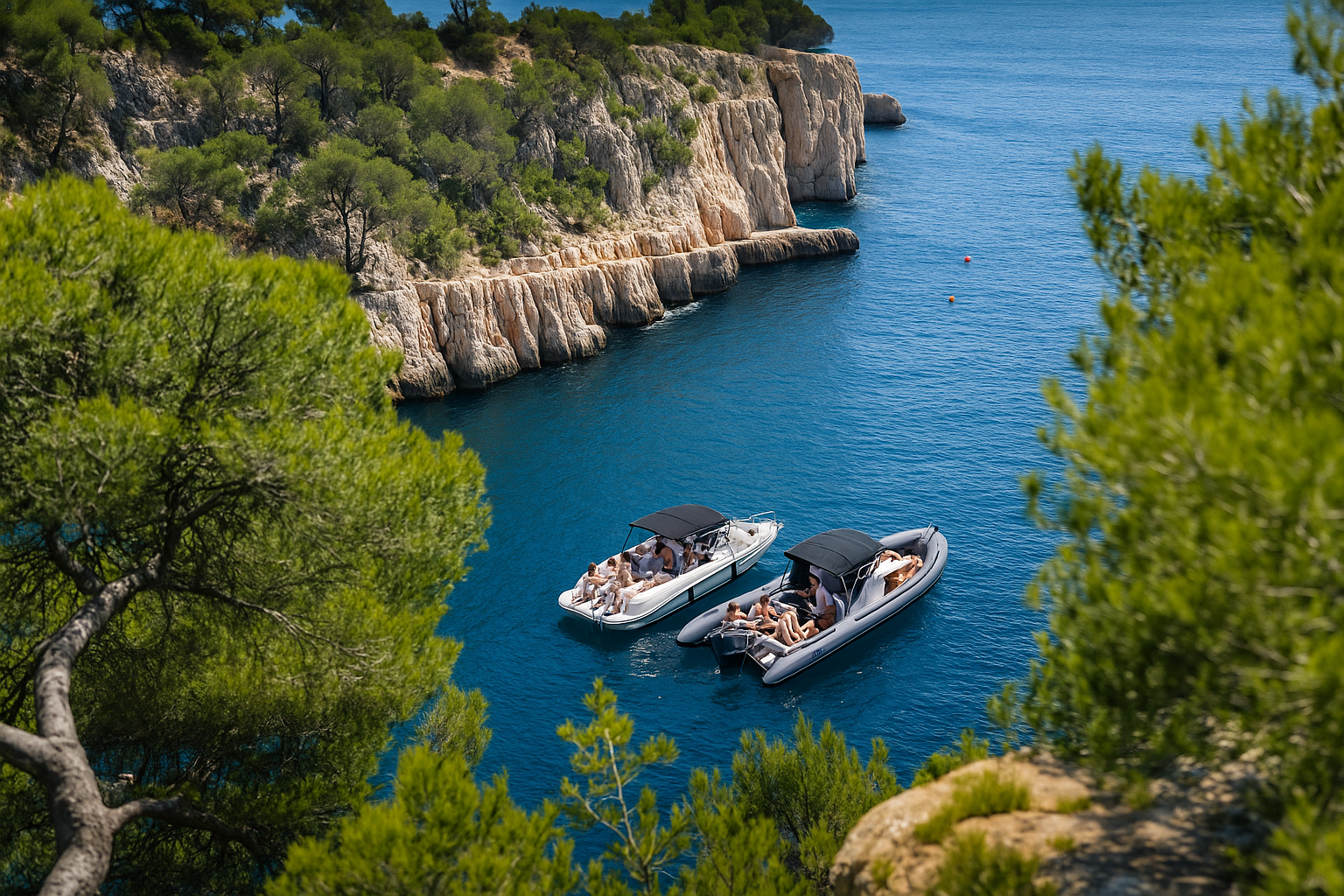 Deux Zodiacs naviguant au cœur des Calanques de Marseille lors d’une Croisière en Zodiac EVJF.