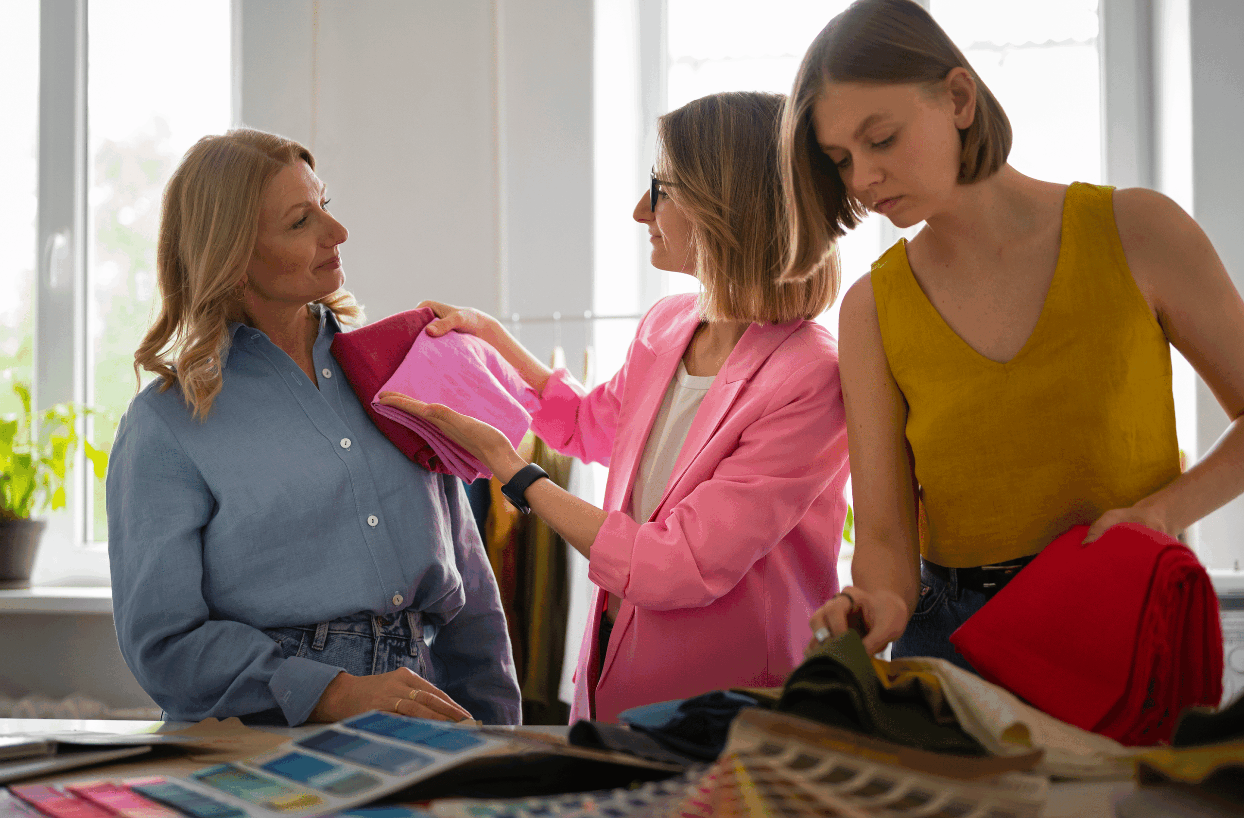 Atelier colorimétrie EVJF Marseille – conseillère en image et participantes observant des échantillons de couleurs.