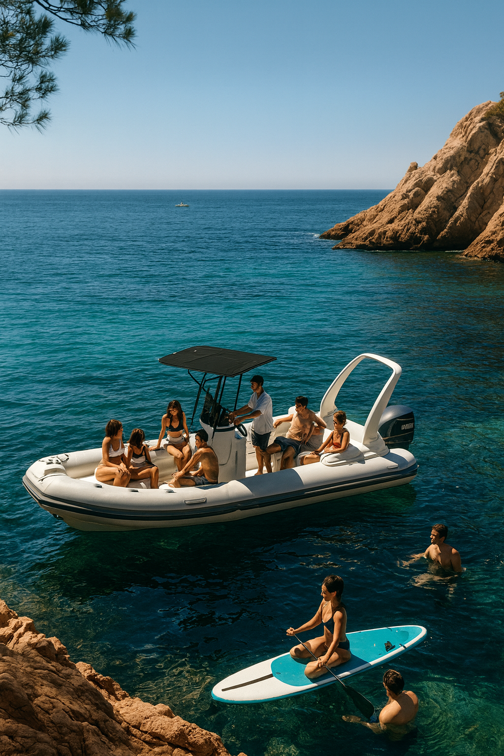 Passagers profitant d’une baignade rafraîchissante lors d’une Croisière en Zodiac EVJF Marseille.