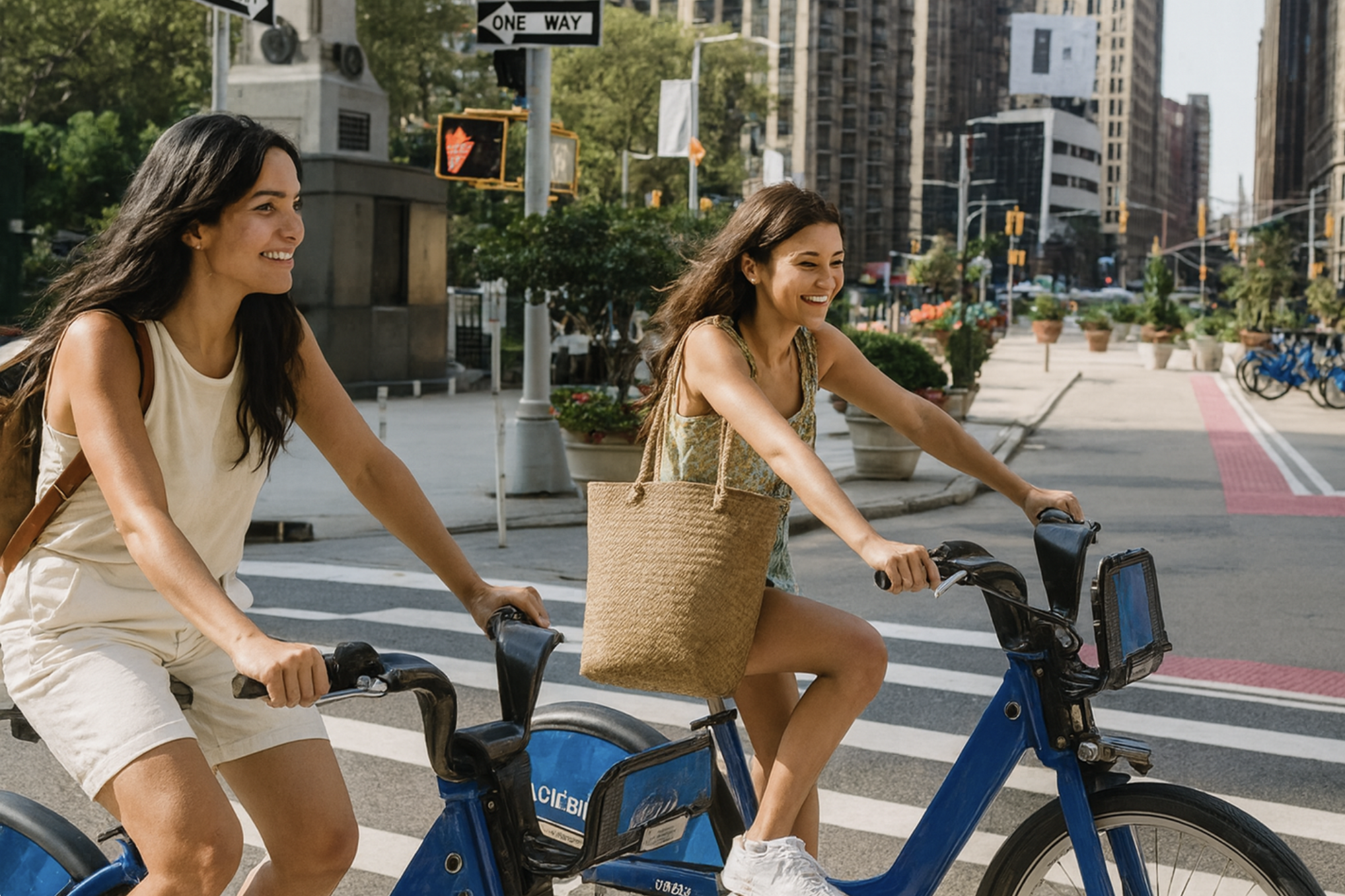Participantes à un EVJF à Bordeaux en pleine balade à vélo, parcourant la ville dans une ambiance joyeuse et détendue