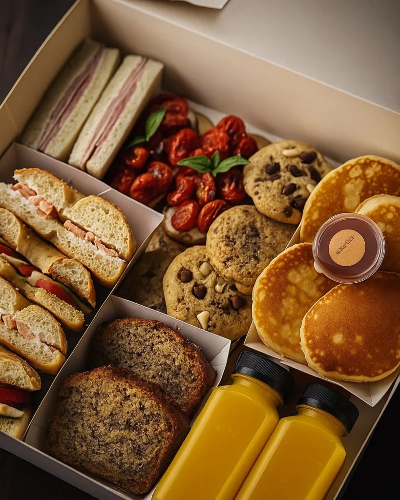 Brunch box EVJF à Nice avec pancakes, cookies, cakes, bagels et jus d’orange