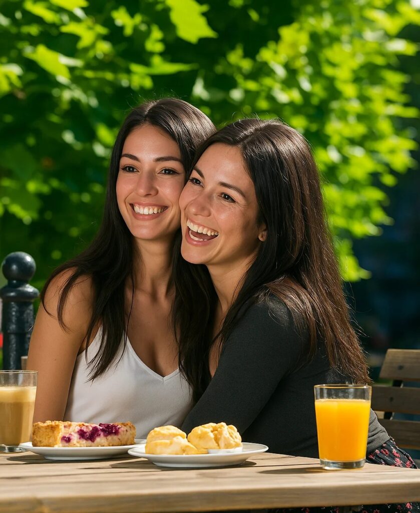 Deux femmes brunes souriantes en terrasse partageant un brunch evjf avec jus d’orange et pâtisseries à Cabourg
