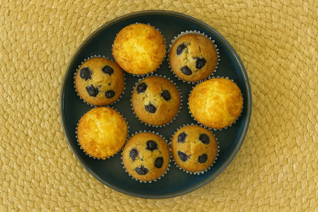 Assiette de muffins sucrés aux myrtilles et muffins salés au fromage sur une assiette bleue pour un brunch evjf à cabourg