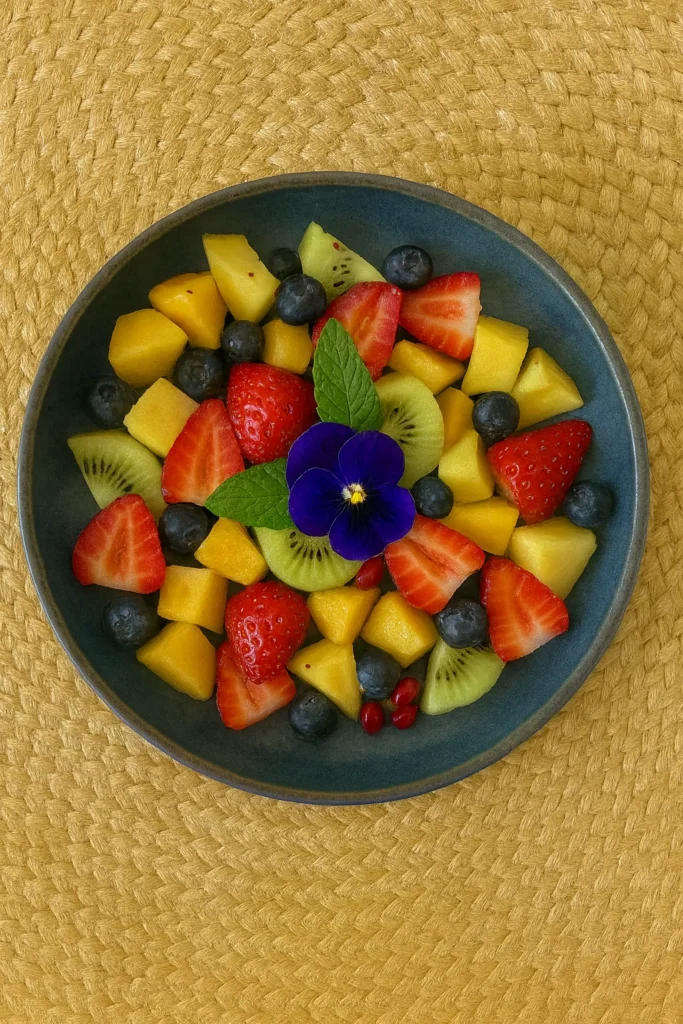 Salade de fruits frais avec fraises, kiwi, mangue, myrtilles et une fleur comestible en décoration