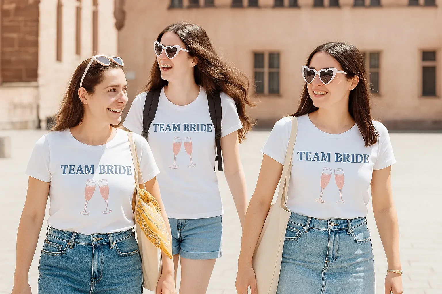 chasse-au-tresor-tresor-de-la-mariee Trois amies en t-shirts Team Bride participant à une chasse au trésor pour le trésor de la mariée.