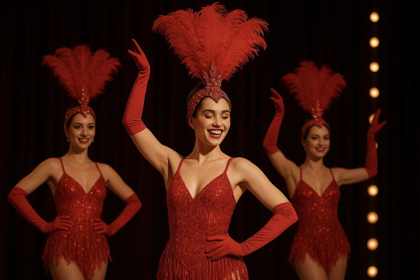 Trois danseuses de cabaret à Lyon en costumes rouges à plumes sur scène. cabaret et évasion