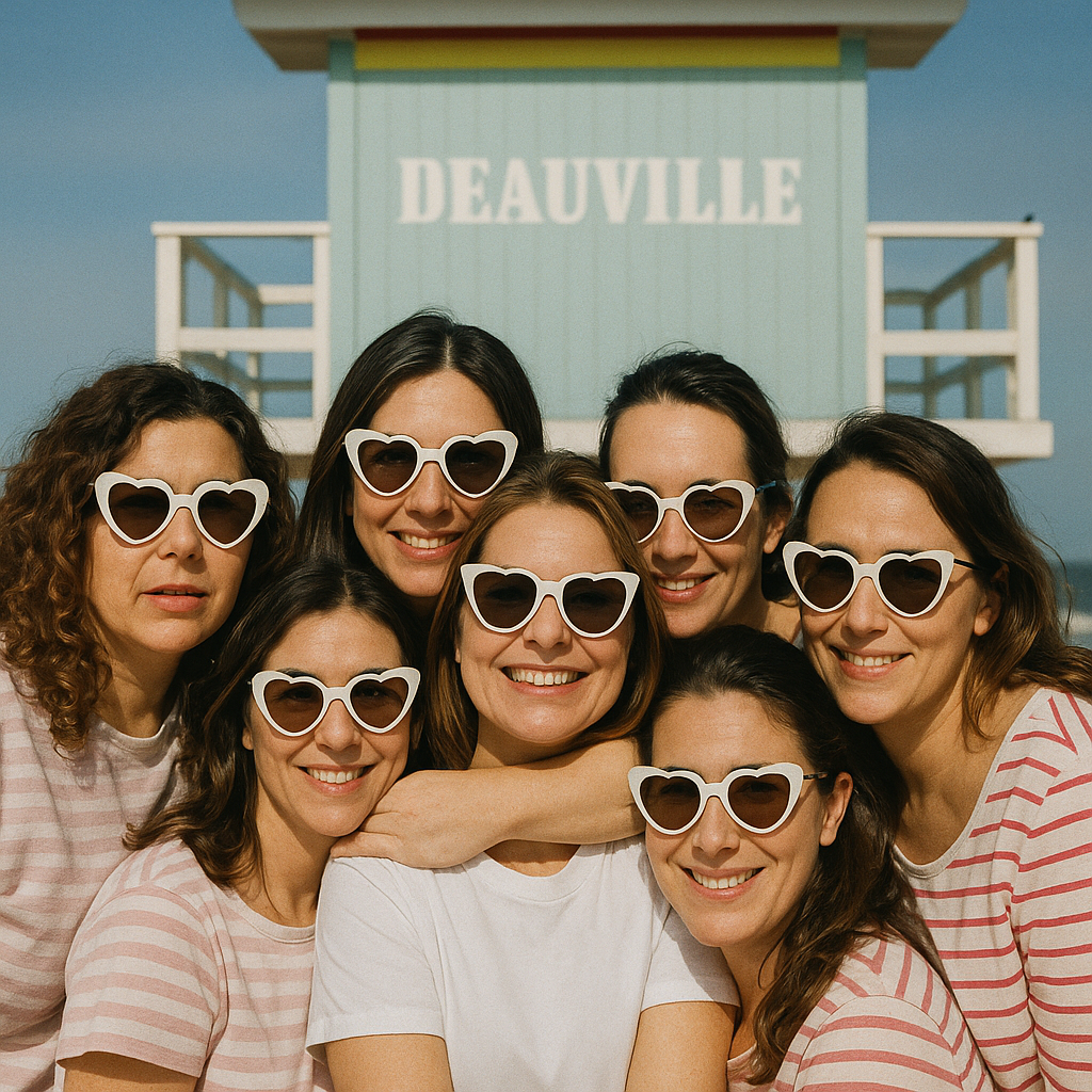 Groupe de filles souriantes portant des lunettes en forme de cœur devant les cabines de plage colorées à Deauville