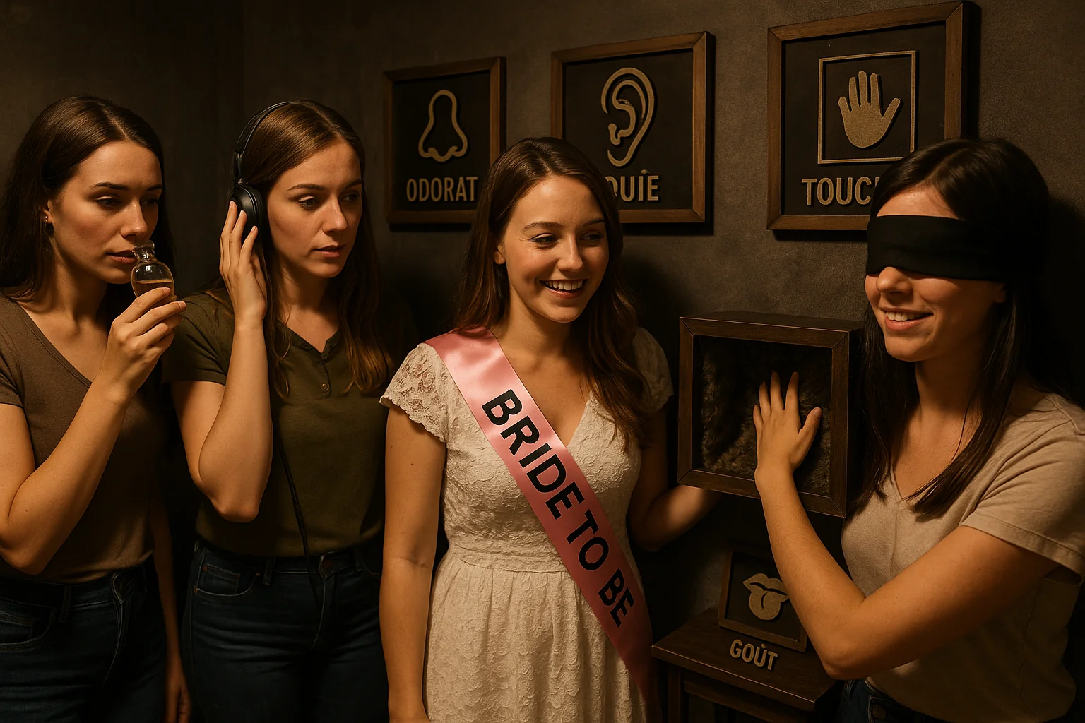 Groupe de femmes explorant les cinq sens dans un escape game à Bruxelles, avec la mariée au centre.