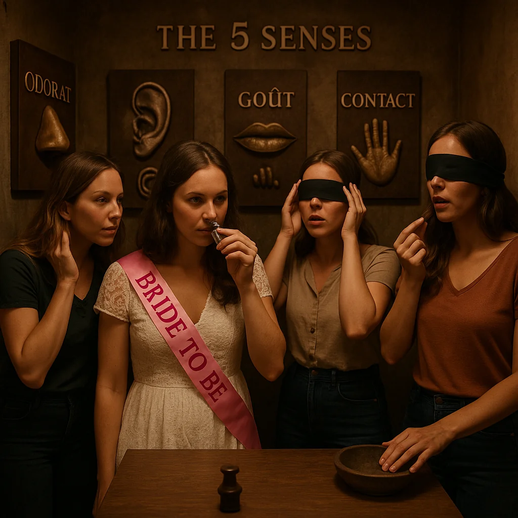 La future mariée teste ses sens avec ses amies lors d’un escape game à Lyon, ambiance immersive.