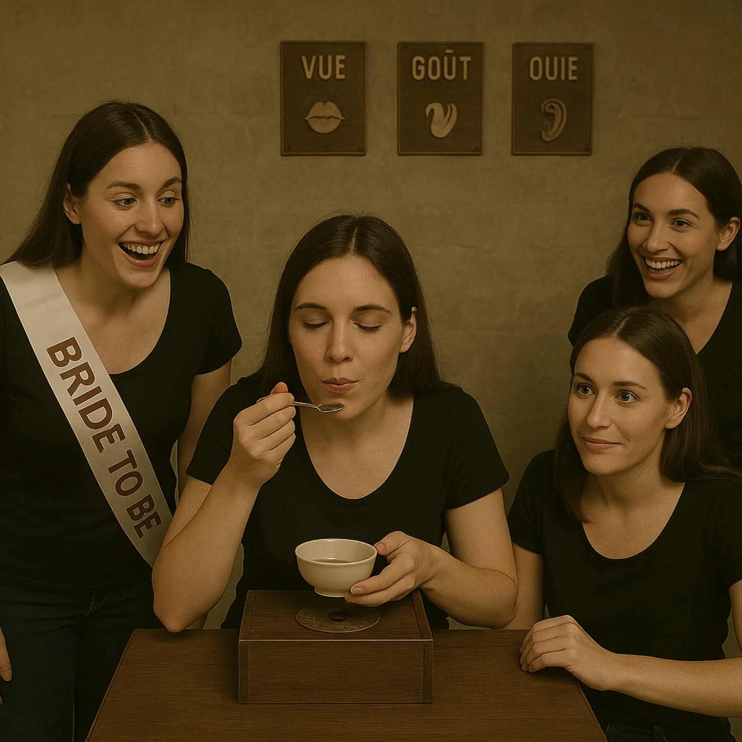 Femme goutant un aliment les yeux fermes entouree d'amies lors d'un escape game sur le theme du gout a Bordeaux.