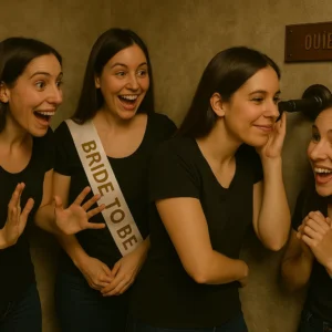Jeune femme avec echarpe bride to be et amies ecoutant a travers un mur lors d'un escape game sur le theme de l'ouie a Bordeaux.	