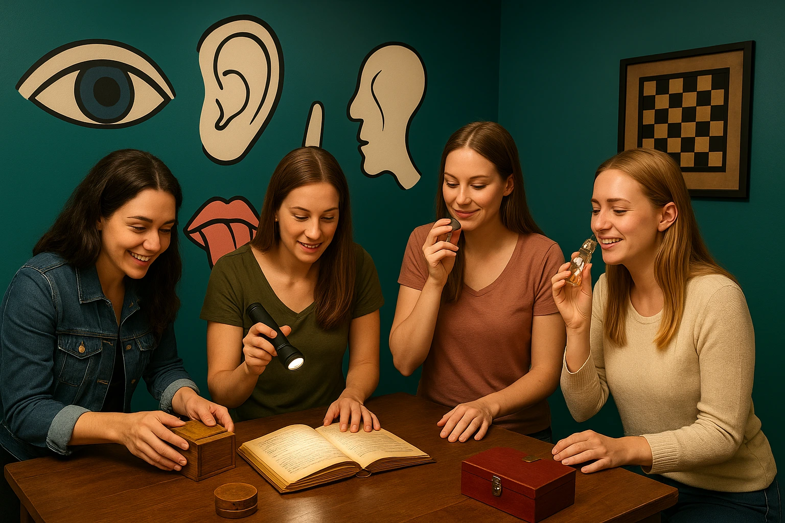 Quatre femmes résolvent un escape game sur le thème des cinq sens, manipulant des objets et indices dans une salle décorée avec des symboles sensoriels