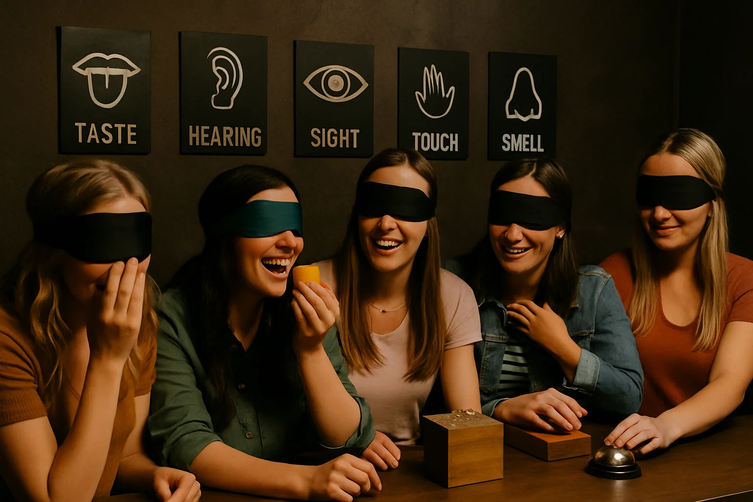 Groupe d’amies jouant à un escape game des 5 sens pour l’EVJF de la mariée, yeux bandés et ambiance ludique.