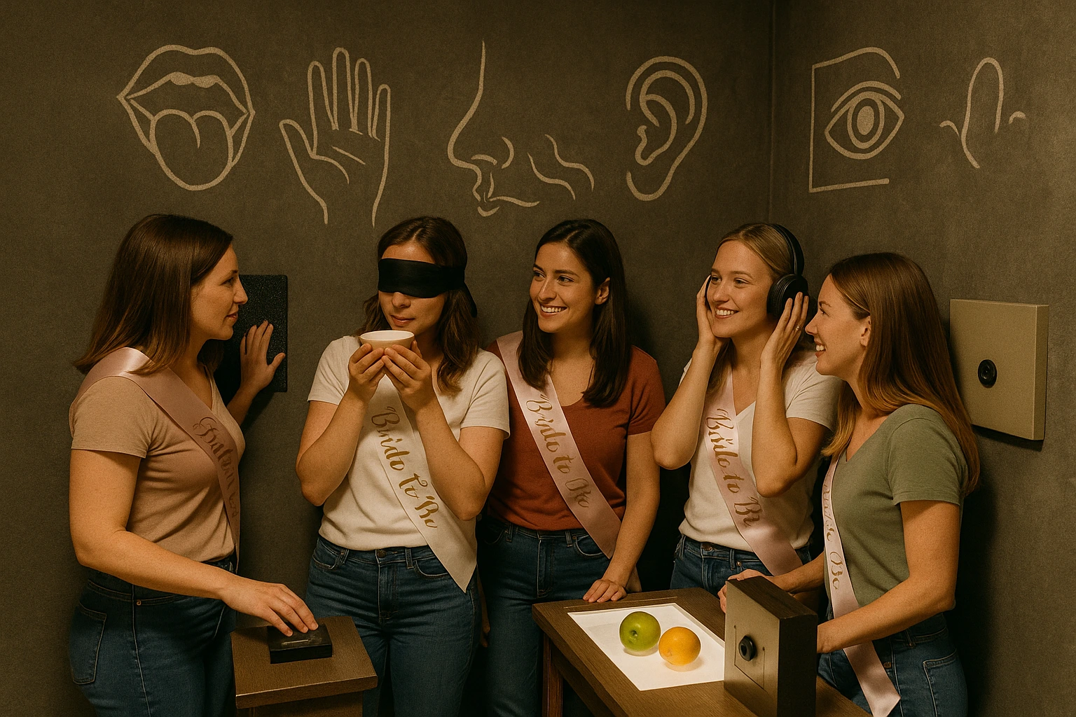 Groupe d’amies jouant à un escape game des 5 sens pour l’EVJF de la mariée, yeux bandés et ambiance ludique à Marseille