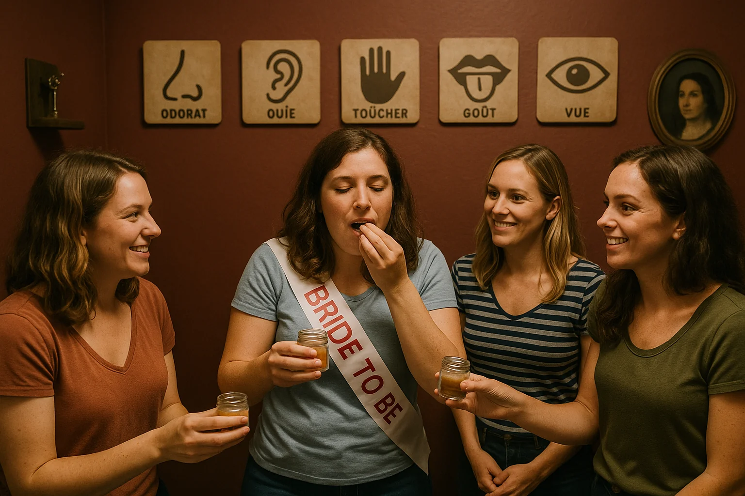 Femme goutant un aliment entouree d'amies lors d'un escape game sur les 5 sens a Strasbourg.