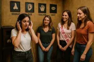 Femme ecoutant avec un casque audio lors d'un escape game sur les 5 sens a Strasbourg, entouree de ses amies.