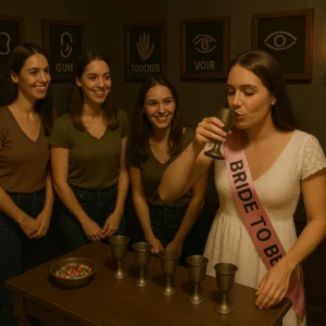 Jeune femme lors d'un EVJF à Lyon goûtant une boisson dans un gobelet, entourée de ses amies qui sourient.