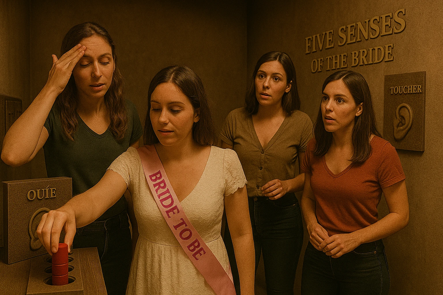 Femme avec écharpe rose « bride to be » participant à un jeu sur l’ouïe lors d’un escape game à Lyon avec ses amies.