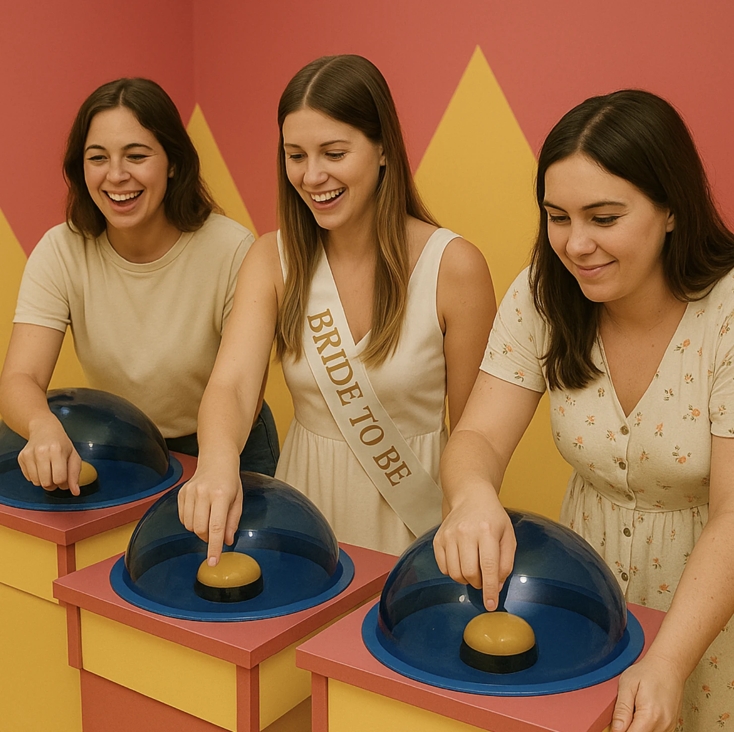 Trois amies et la future mariée appuient sur un buzzer lors d’un jeu façon plateau télé à Lyon.