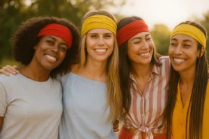 Quatre femmes souriantes portant des bandeaux rouges et jaunes lors d'une aventure en plein air