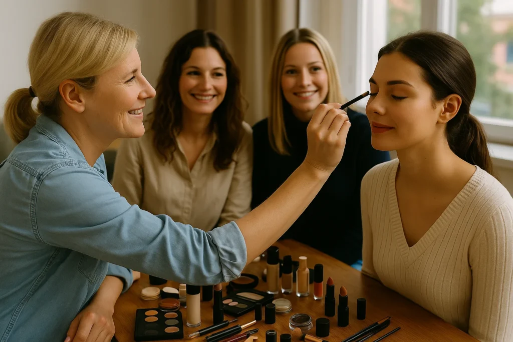 Maquilleuse professionnelle appliquant un fard à paupières lors d’un atelier EVJF à Cabourg avec des participantes souriantes