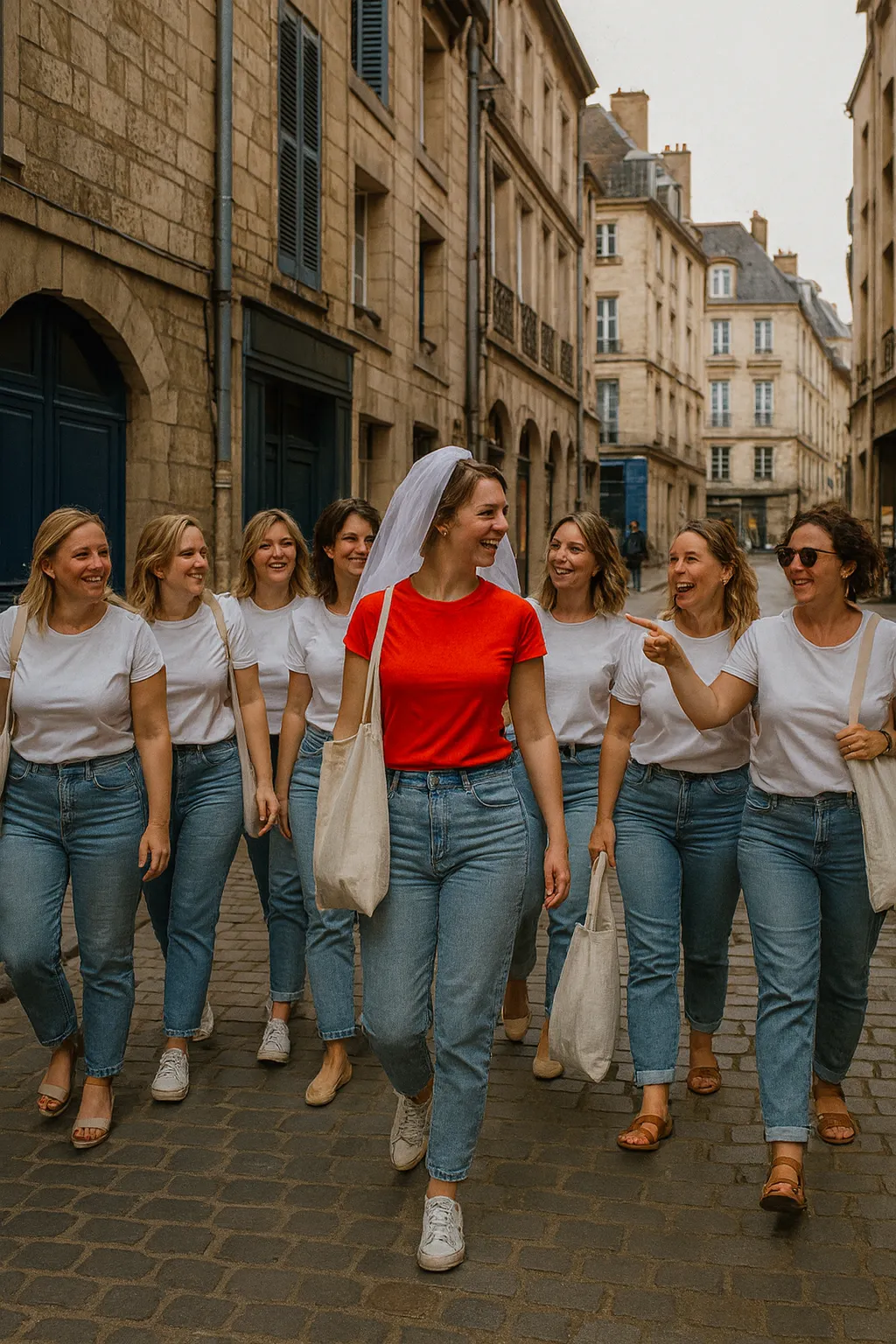 Groupe de femmes souriantes participant à une chasse au trésor EVJF à Caen, marchant dans les rues pavées de la ville, habillées en jean et t-shirts blancs, avec des tote bags.