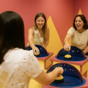 Trois amies appuyant sur de grands boutons jaunes lors d'un jeu de plateau type quiz a Bordeaux, dans un decor vif.