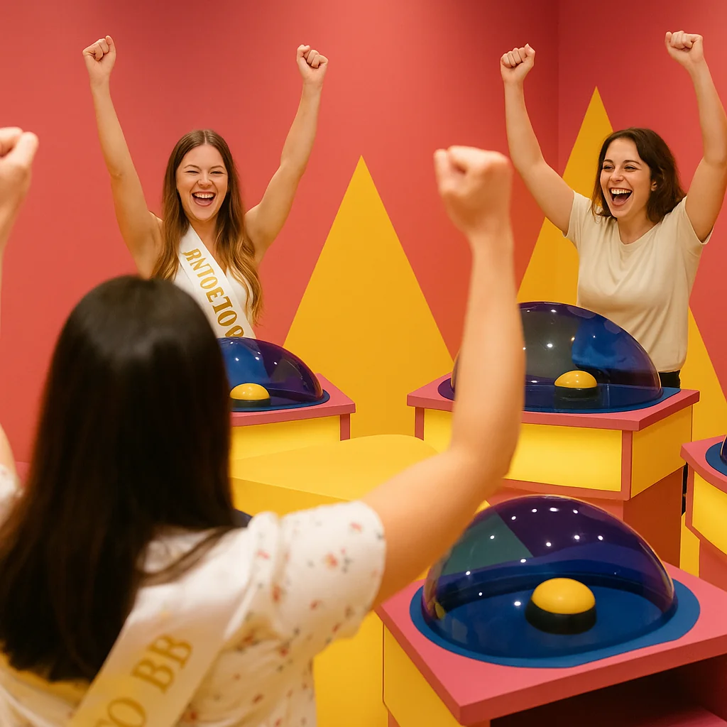Trois amies celebrant leur victoire dans un jeu de plateau type quiz a Bordeaux, ambiance festive et colorée.