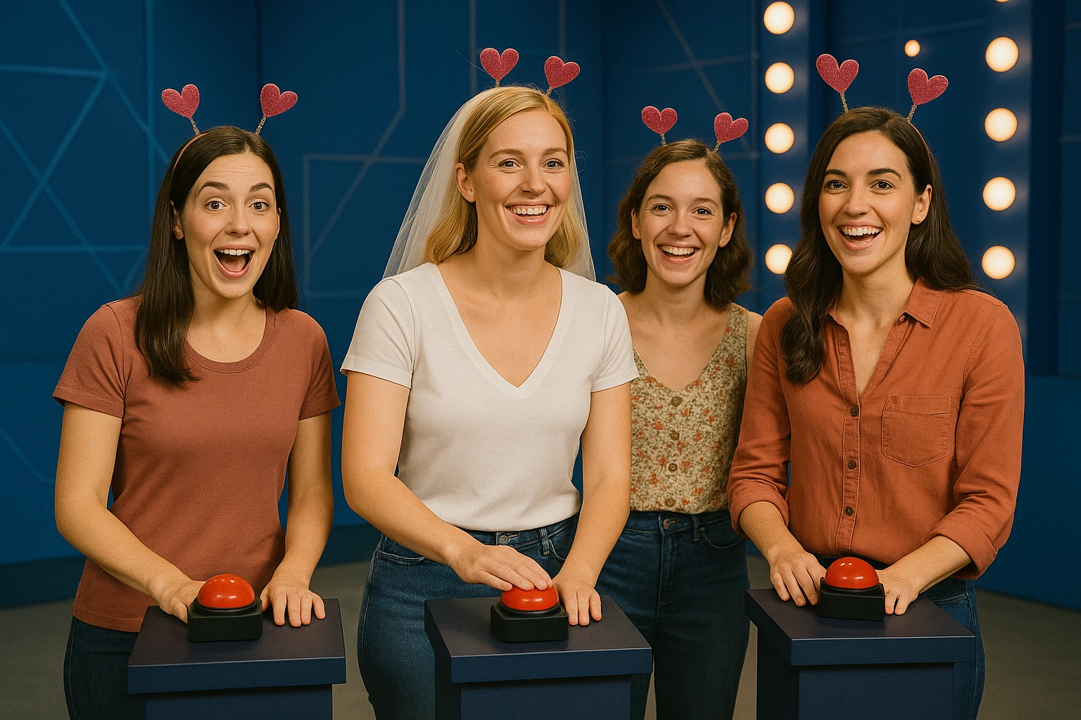 Groupe de jeunes femmes sur un plateau de jeu inspiré d’une émission télé, répondant à des questions, buzzers en main, dans le cadre d’un EVJF à Annecy