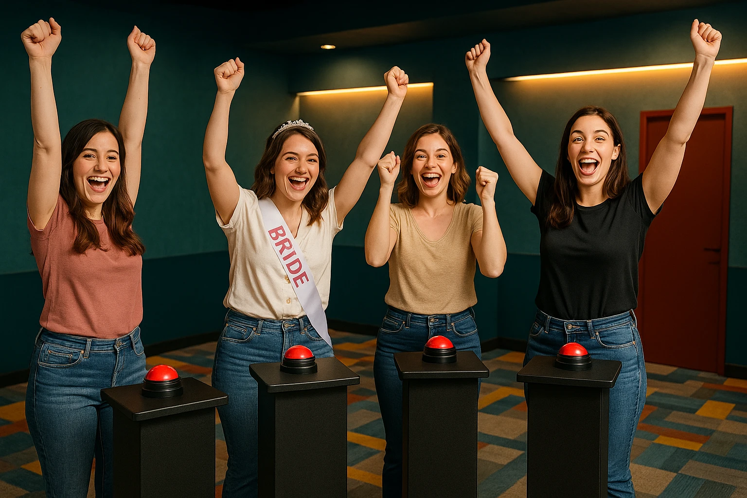 Groupe de jeunes femmes participant à un jeu inspiré des émissions télé sur un plateau recréé à Arcachon, répondant à des quiz avec buzzers dans le cadre d’un EVJF.