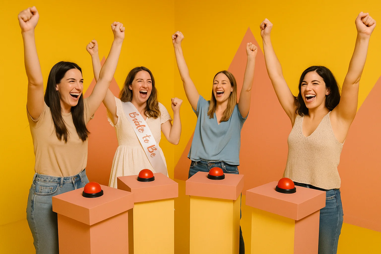 Groupe de femmes hurlant de joie autour de buzzers dans un décor coloré lors d’un EVJF à Lyon.