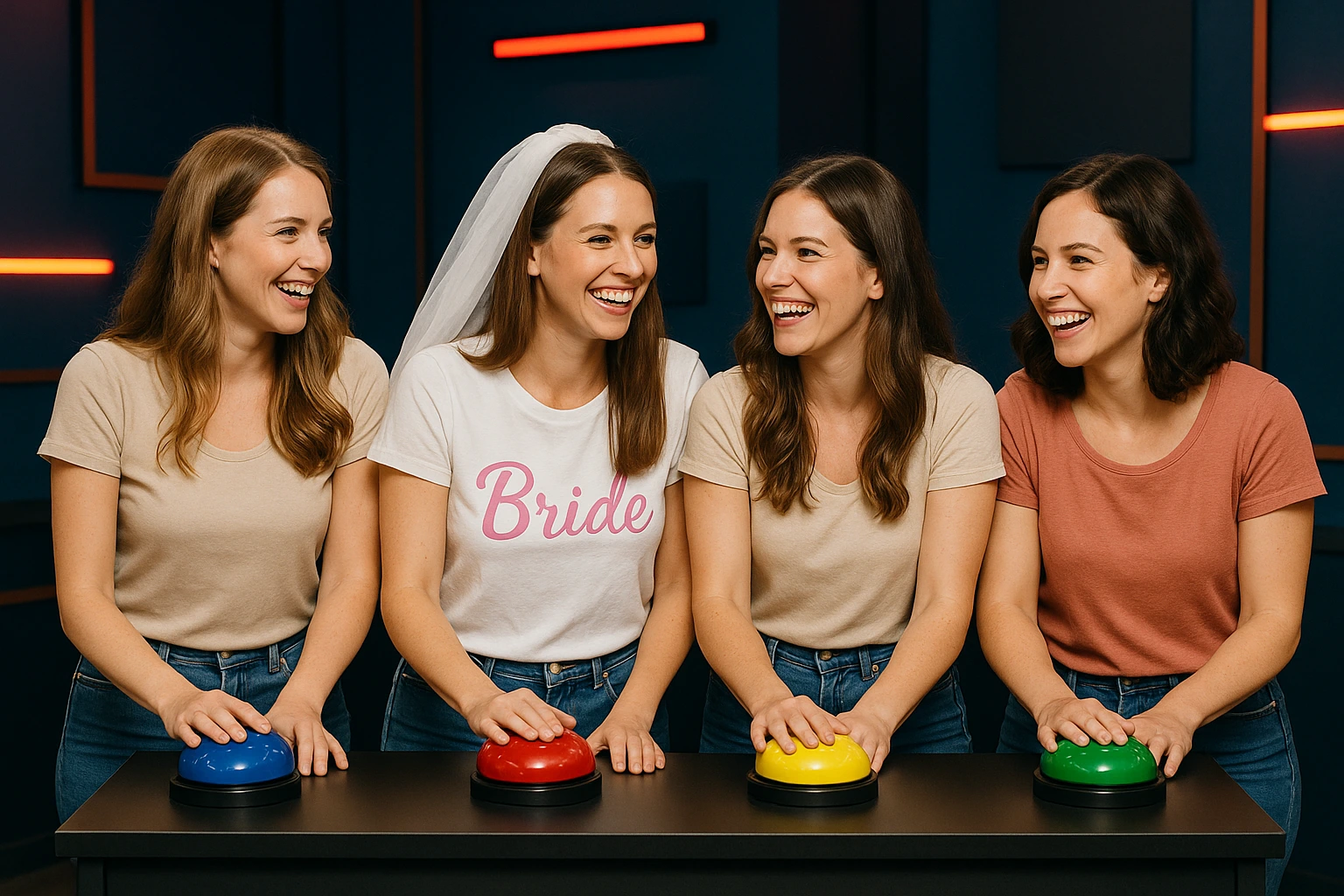 Groupe de jeunes femmes participant à un jeu inspiré des émissions télé sur un plateau recréé à Arcachon, répondant à des quiz avec buzzers dans le cadre d’un EVJF.