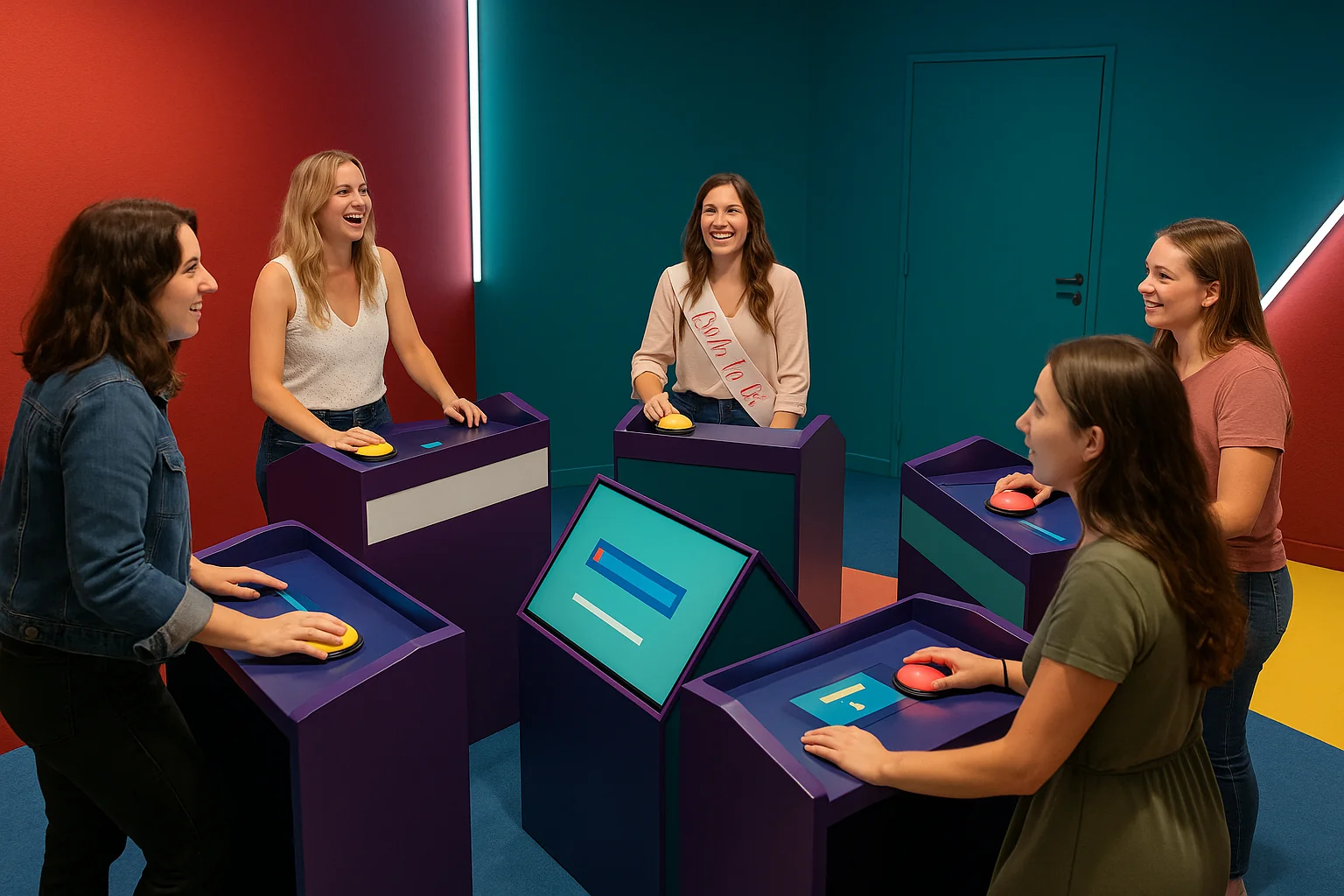 participants souriants autour d’un plateau de jeu télévisé à Strasbourg