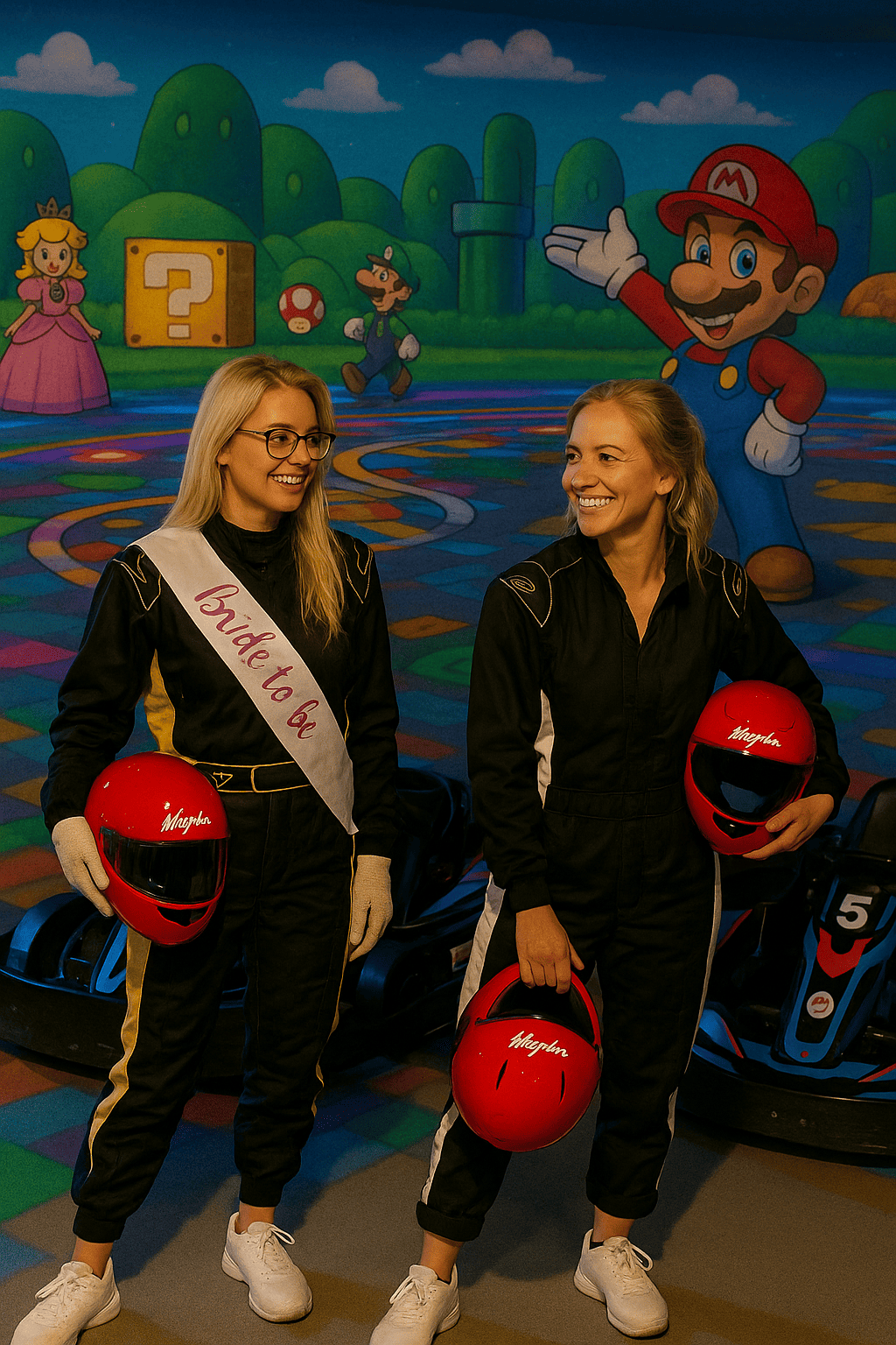Deux participantes EVJF à Bruxelles posant devant des karts colorés dans un décor immersif façon Mario Kart