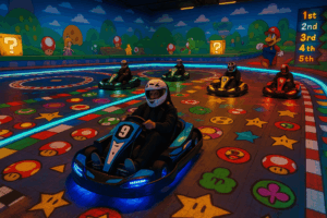 Filles en pleine course de karting EVJF à Bruxelles, dans un décor inspiré de Mario Kart avec accessoires géants et ambiance ludique