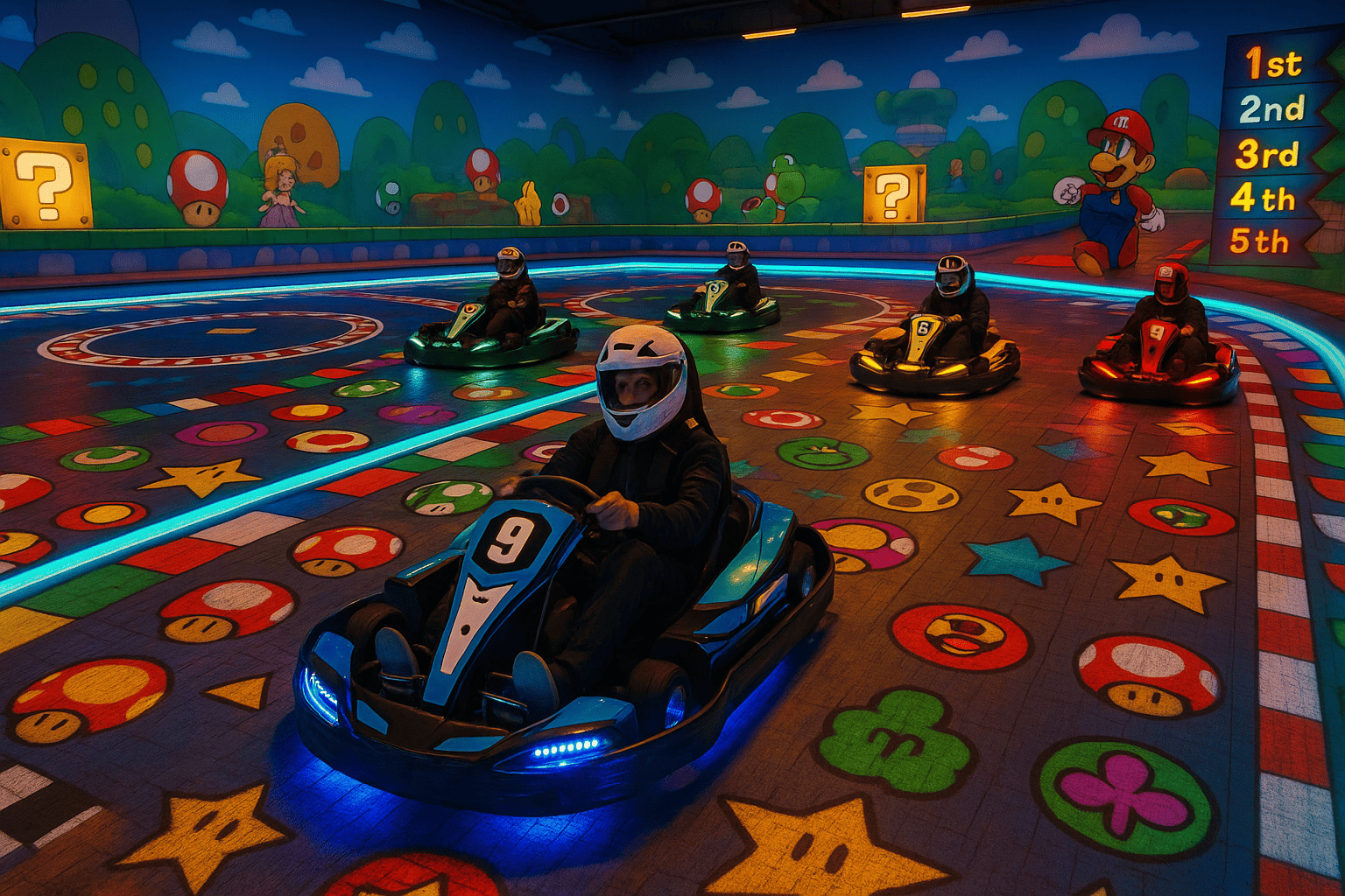Filles en pleine course de karting EVJF à Bruxelles, dans un décor inspiré de Mario Kart avec accessoires géants et ambiance ludique