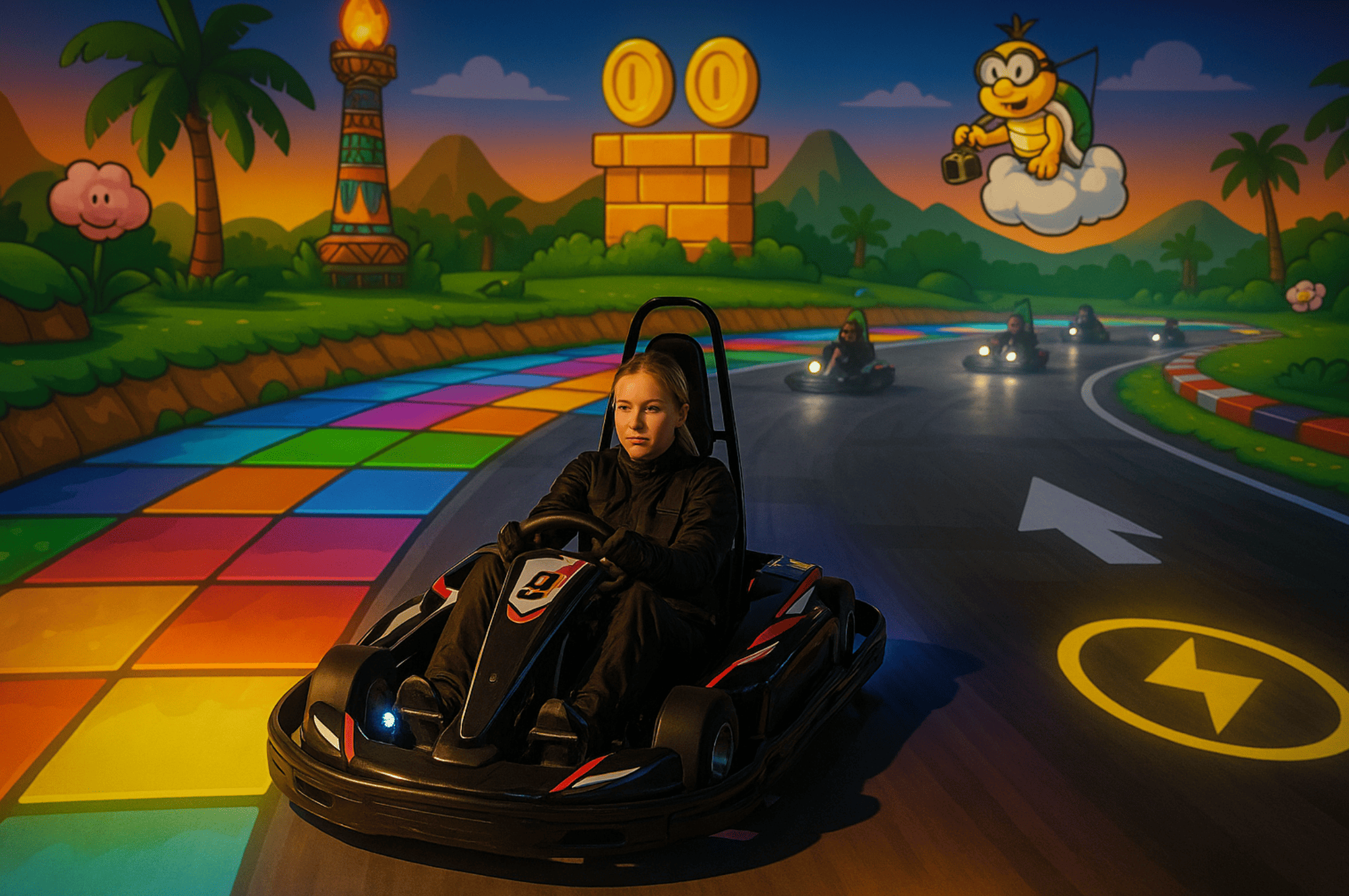 participantes EVJF à Bruxelles en pleine course de karting immersive sur le thème de Mario Kart, ambiance fun et compétitive