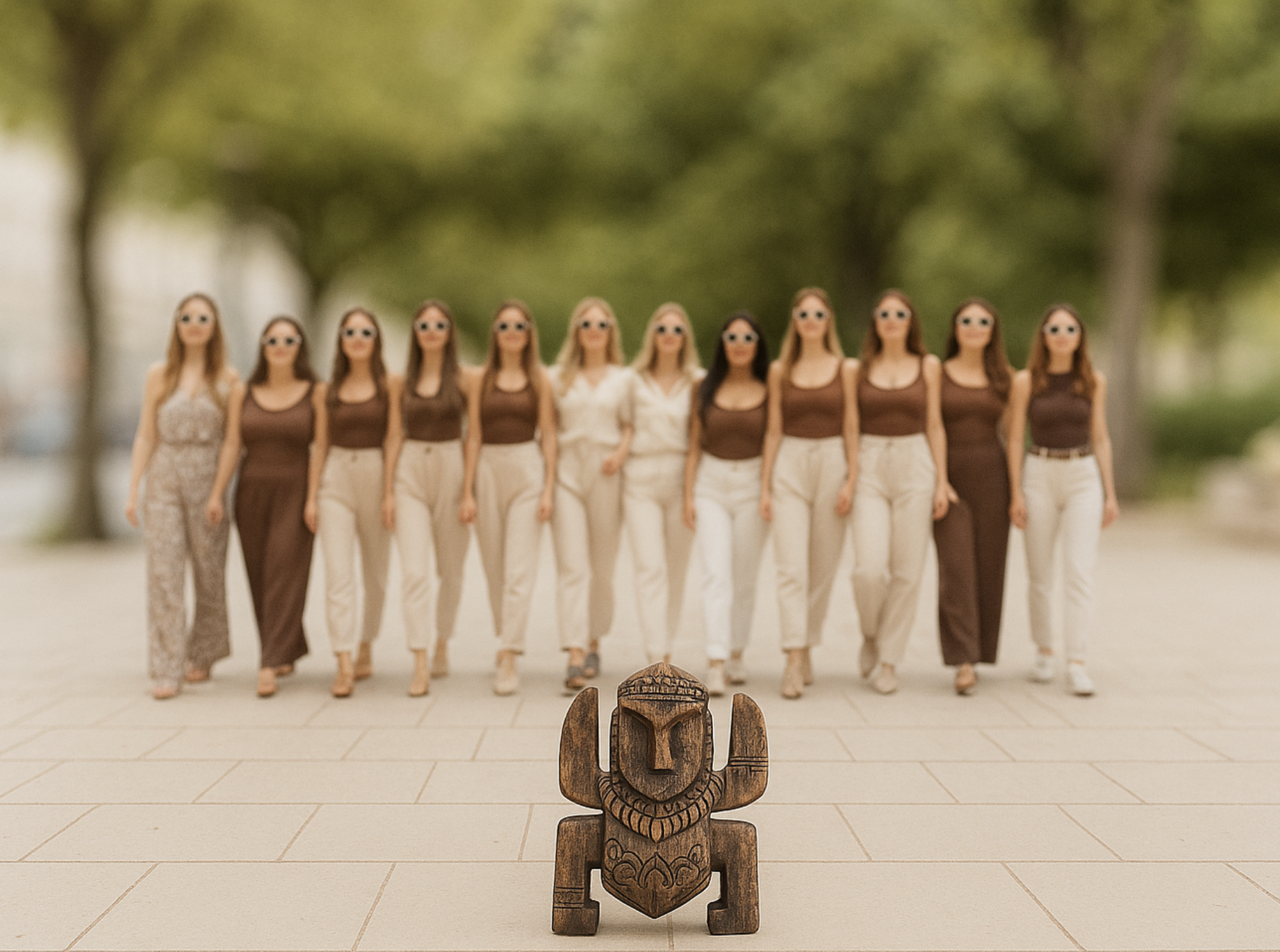 Groupe de filles lors d’un EVJF à Lyon marchant ensemble avec un totem au centre, pendant l’activité Koh Bride, esprit d’équipe et aventure