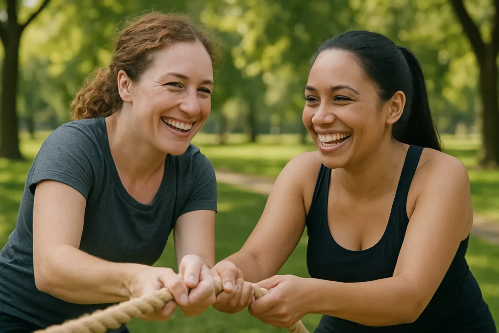 Deux femmes souriantes jouent au tir à la corde dans un parc lors d'une activité koh bride à Lille.