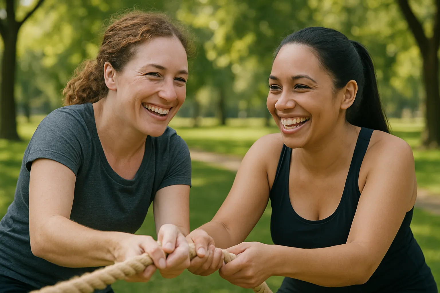 Deux femmes souriantes jouent au tir à la corde dans un parc lors d'une activité koh bride à Lille.